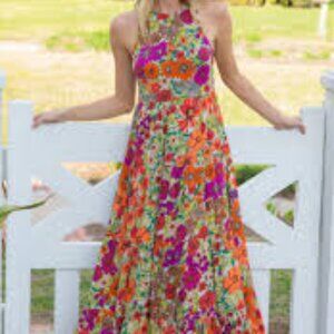 Natural Life Retro Flower Maxi Dress with Tie Back Size S NWOT